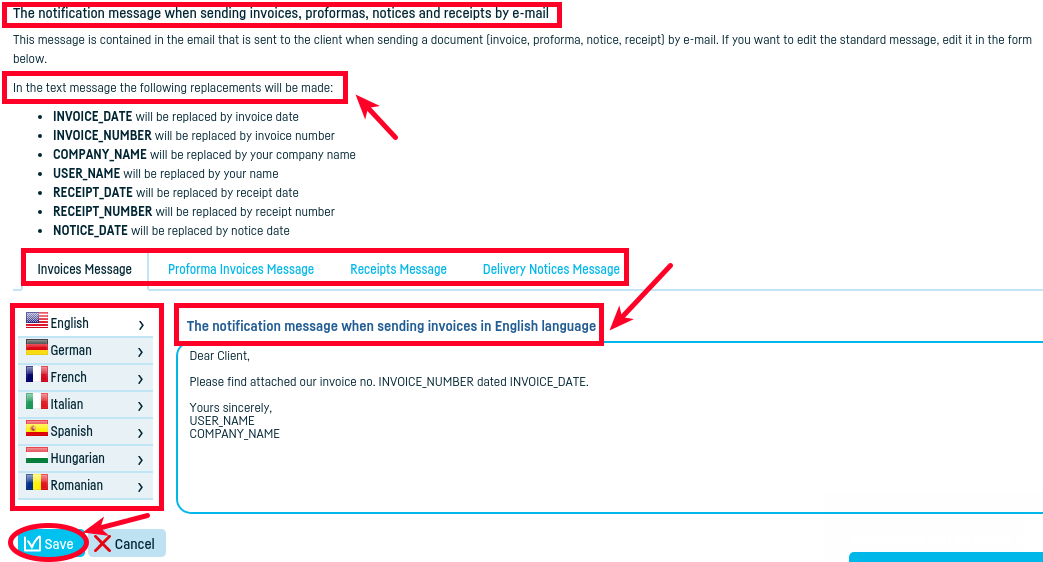 How do I define messages on e-mail sending? - step 3