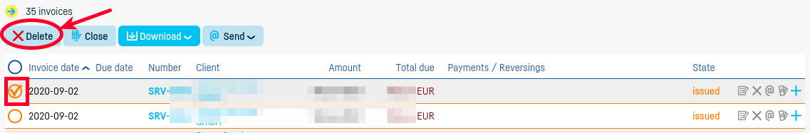 How do I delete an invoice? - step 2
