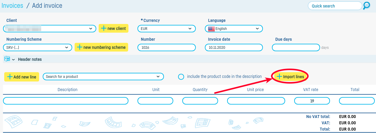 Import lines from documents into your invoice - step 1