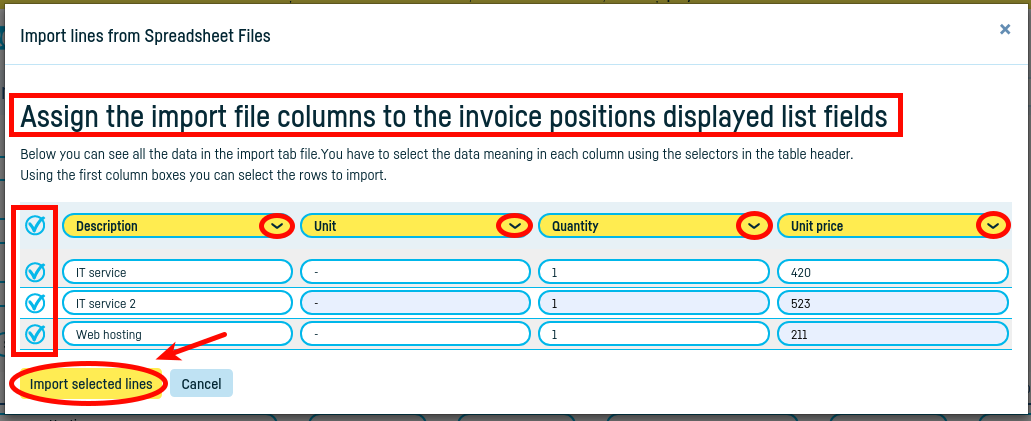 Import lines from documents into your invoice - step 4