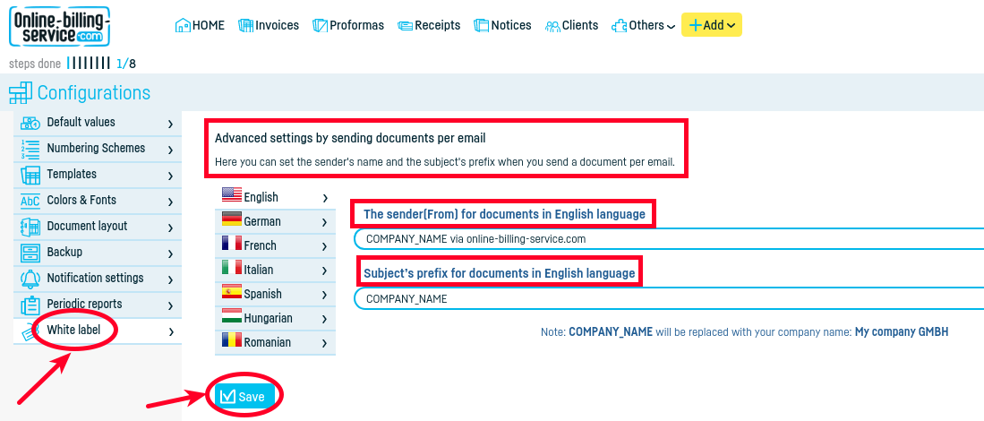 Advanced settings for sending documents by email - step 2