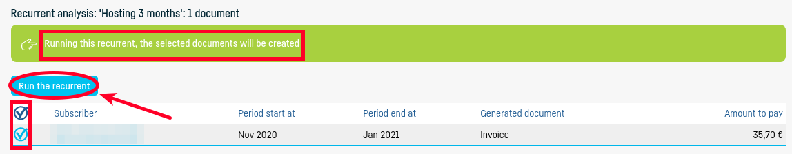 Automatically invoices issuing when running recurrents - step 2