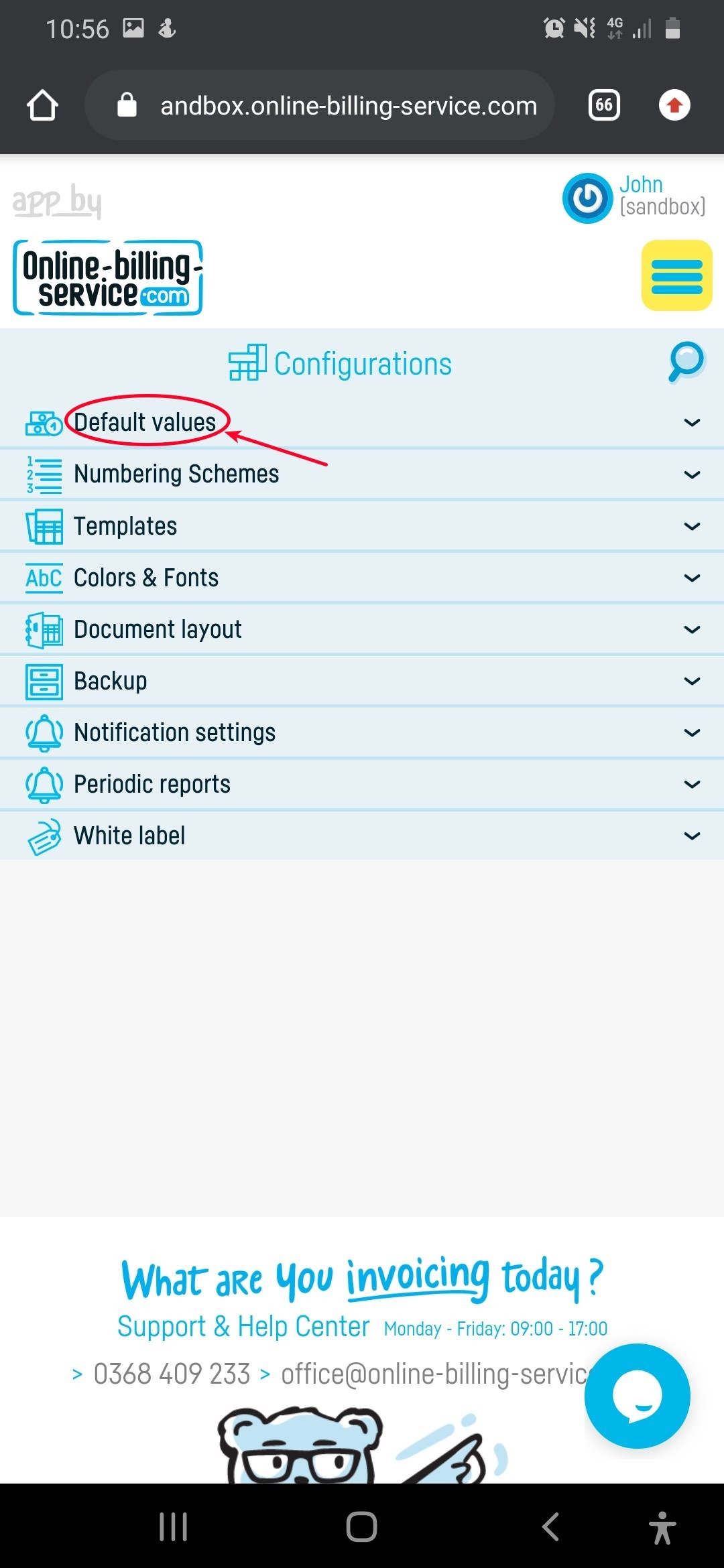 How do I set default invoice values? - step 2