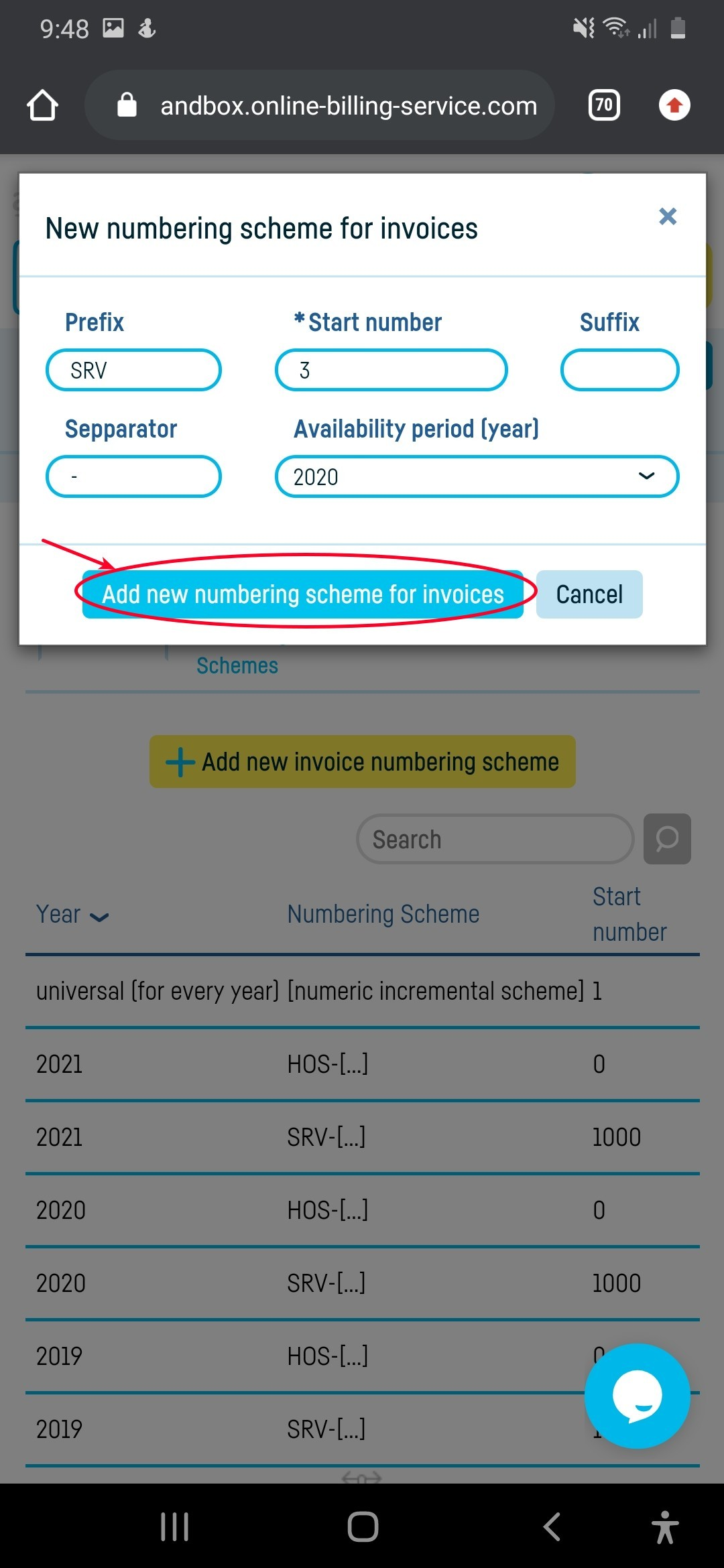 How do I add an invoice numbering scheme? - step 3