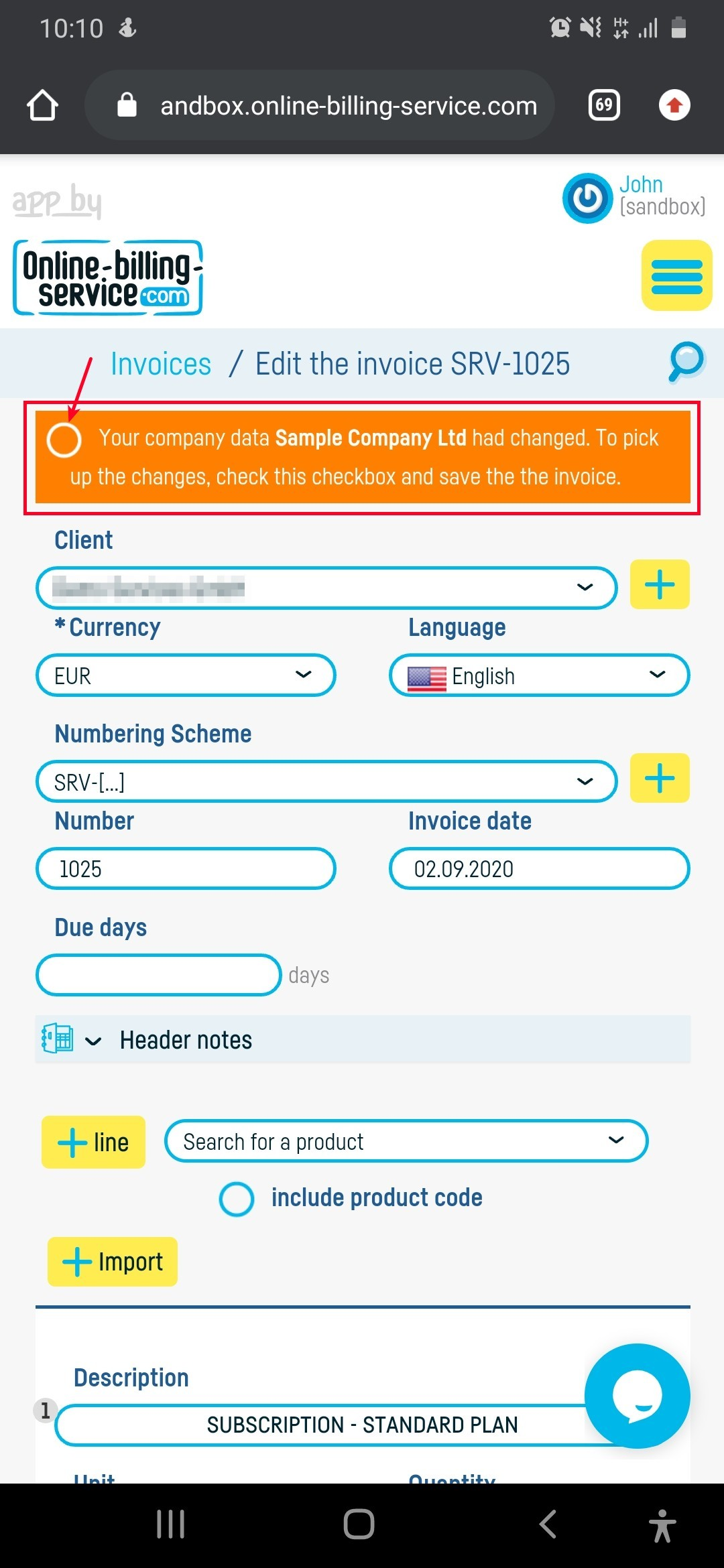 How do I change the data from a saved invoice? - step 1