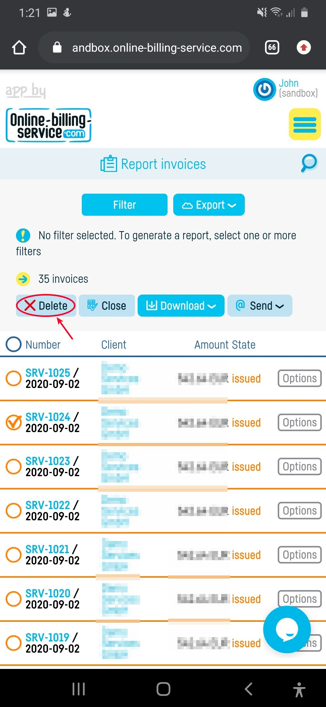 How do I delete an invoice? - step 1