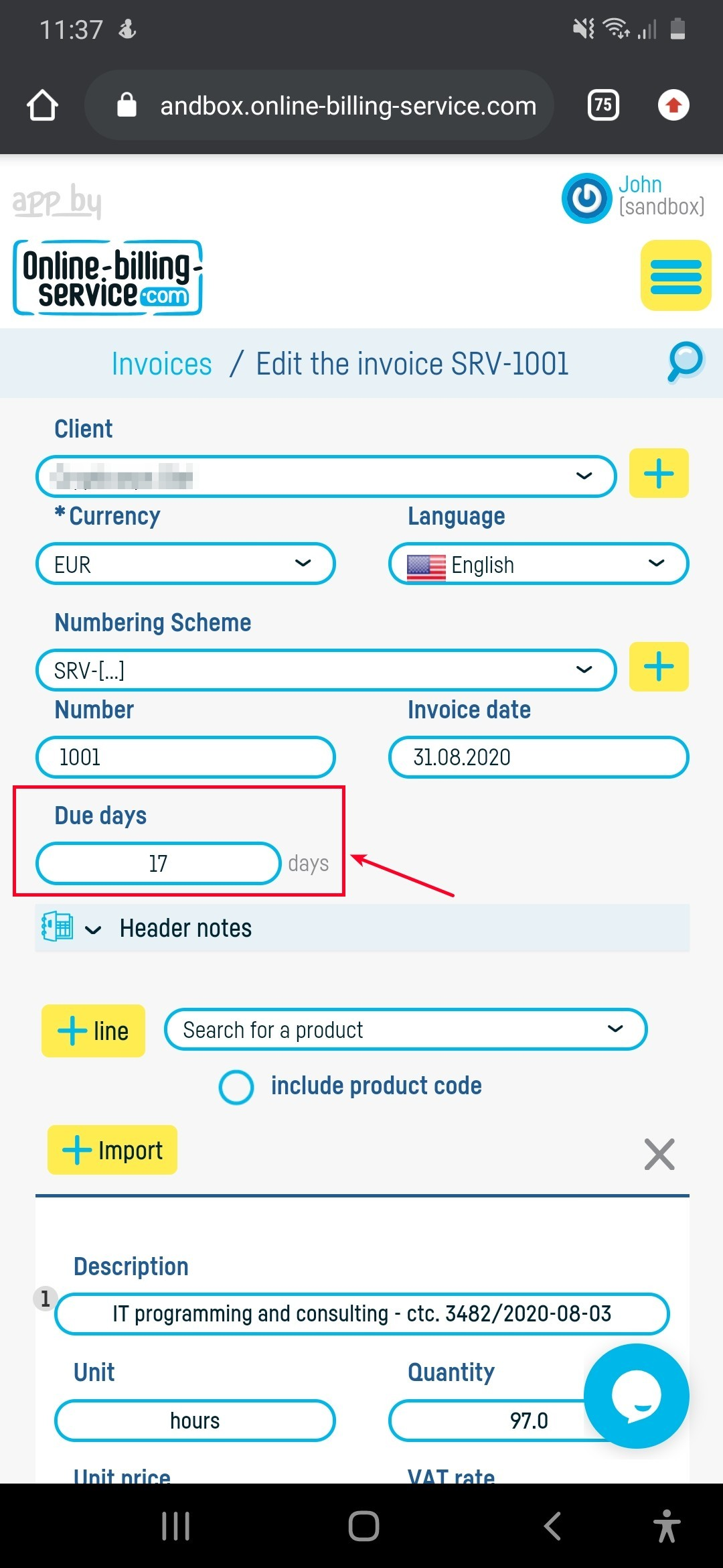 How do I change the invoice due term? - step 1