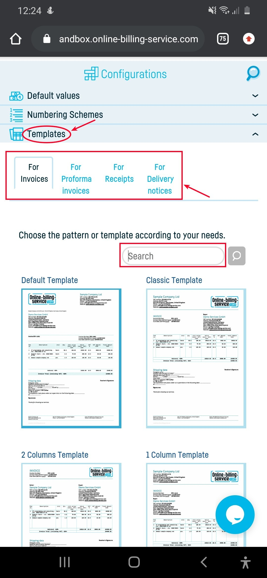 How do I change the invoice template? - step 2