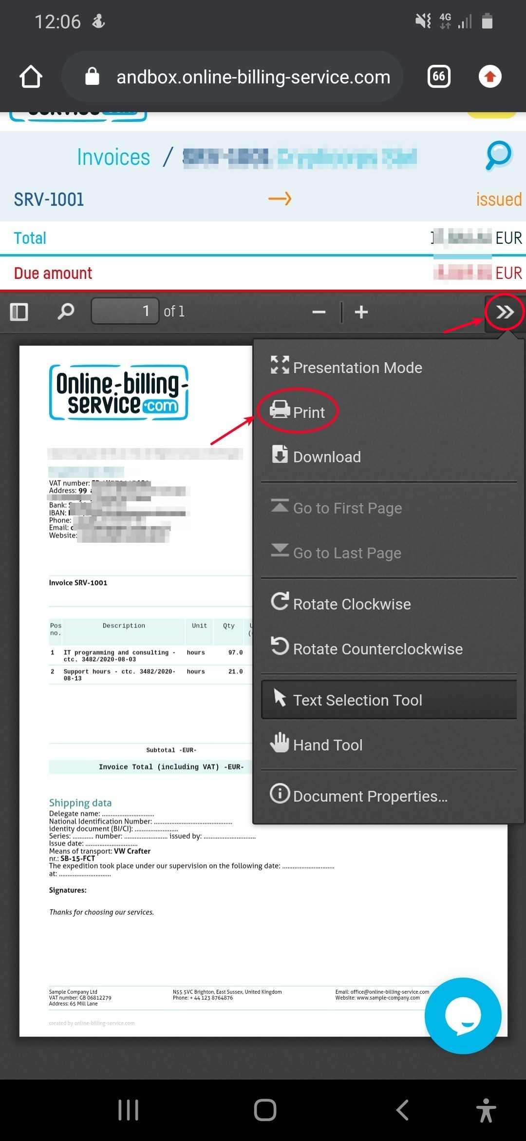 How do I print an invoice? - step 1