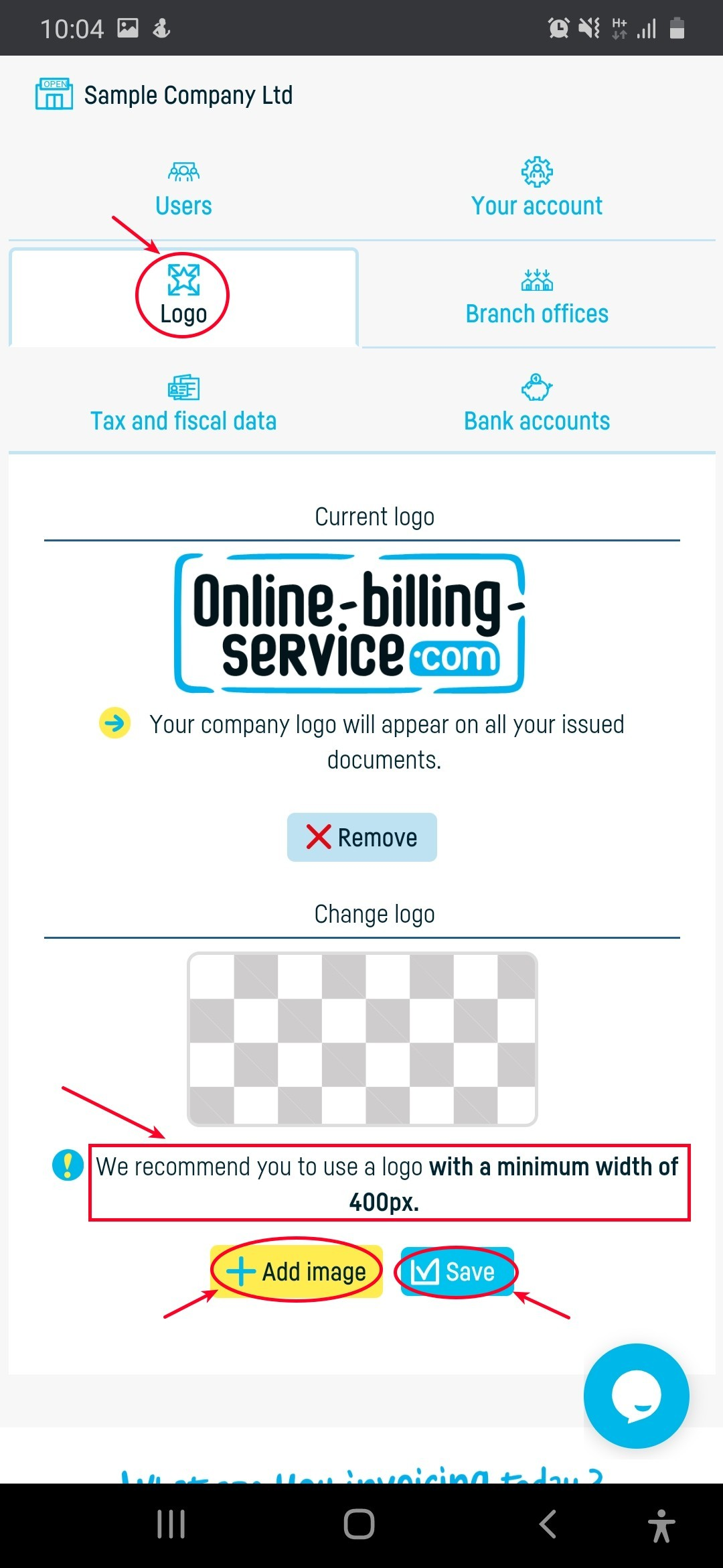 How do I add the company logo on invoices? - step 2