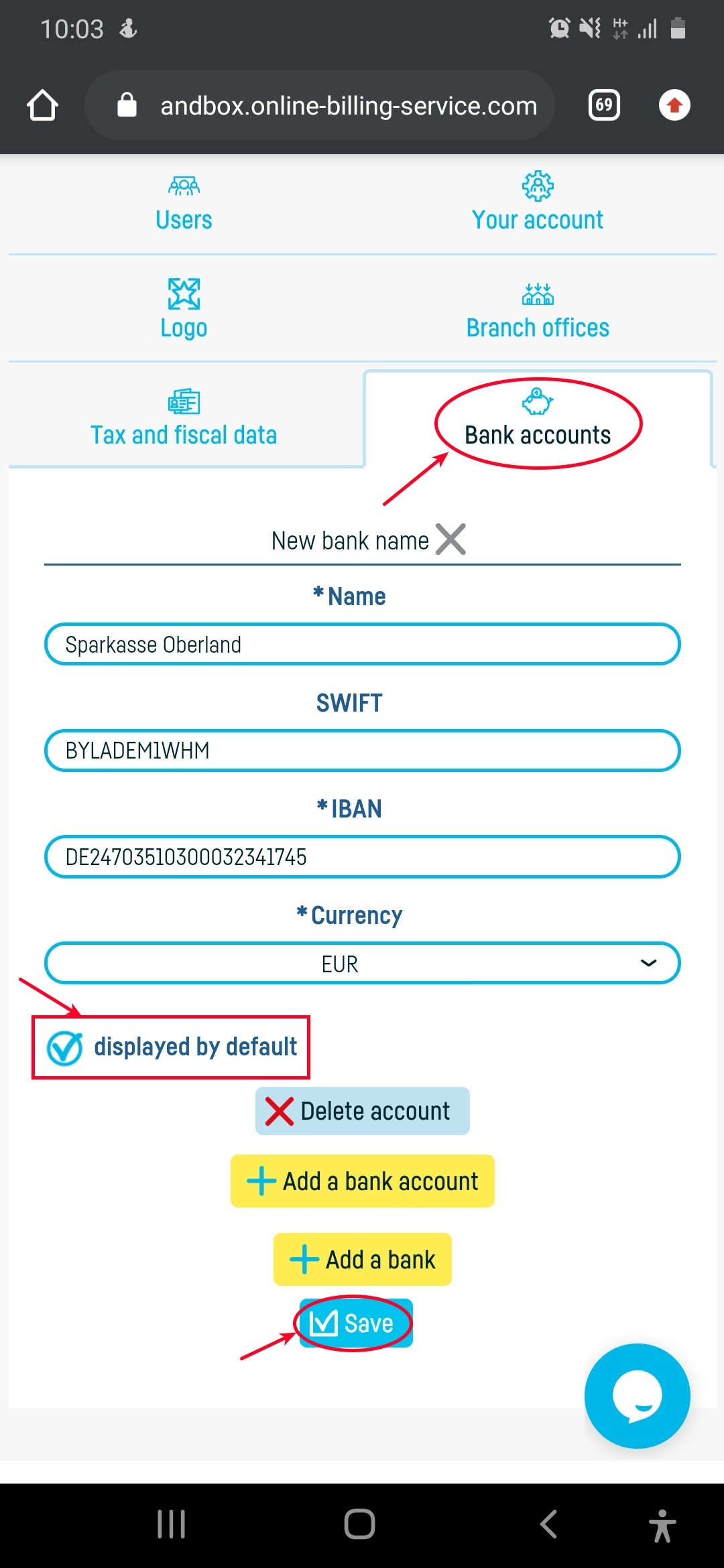 How do I select bank account on the invoice? - step 2