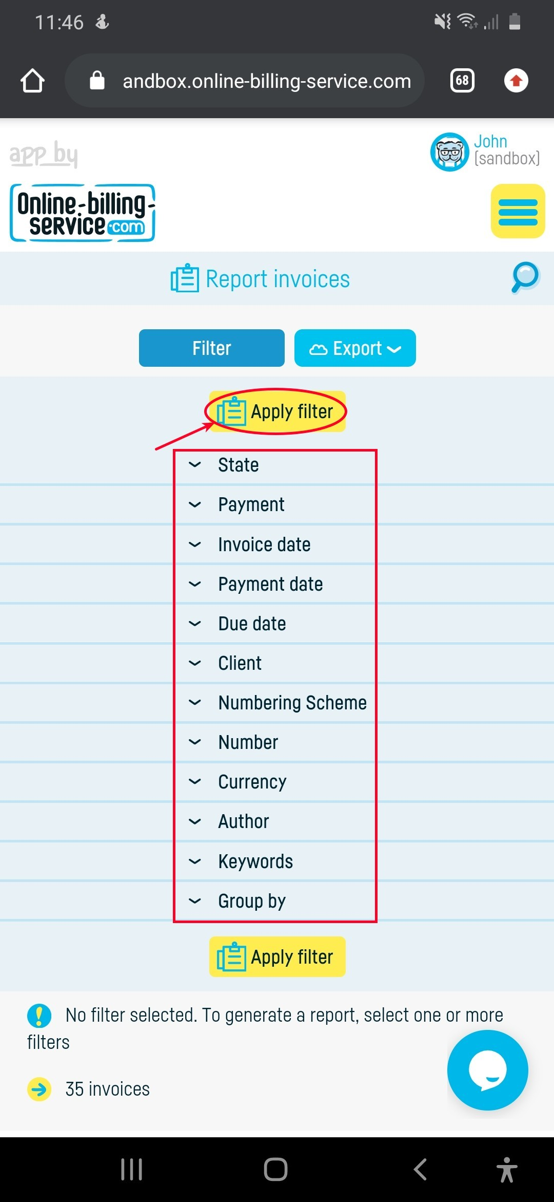 How do I download a group of invoices? - step 1