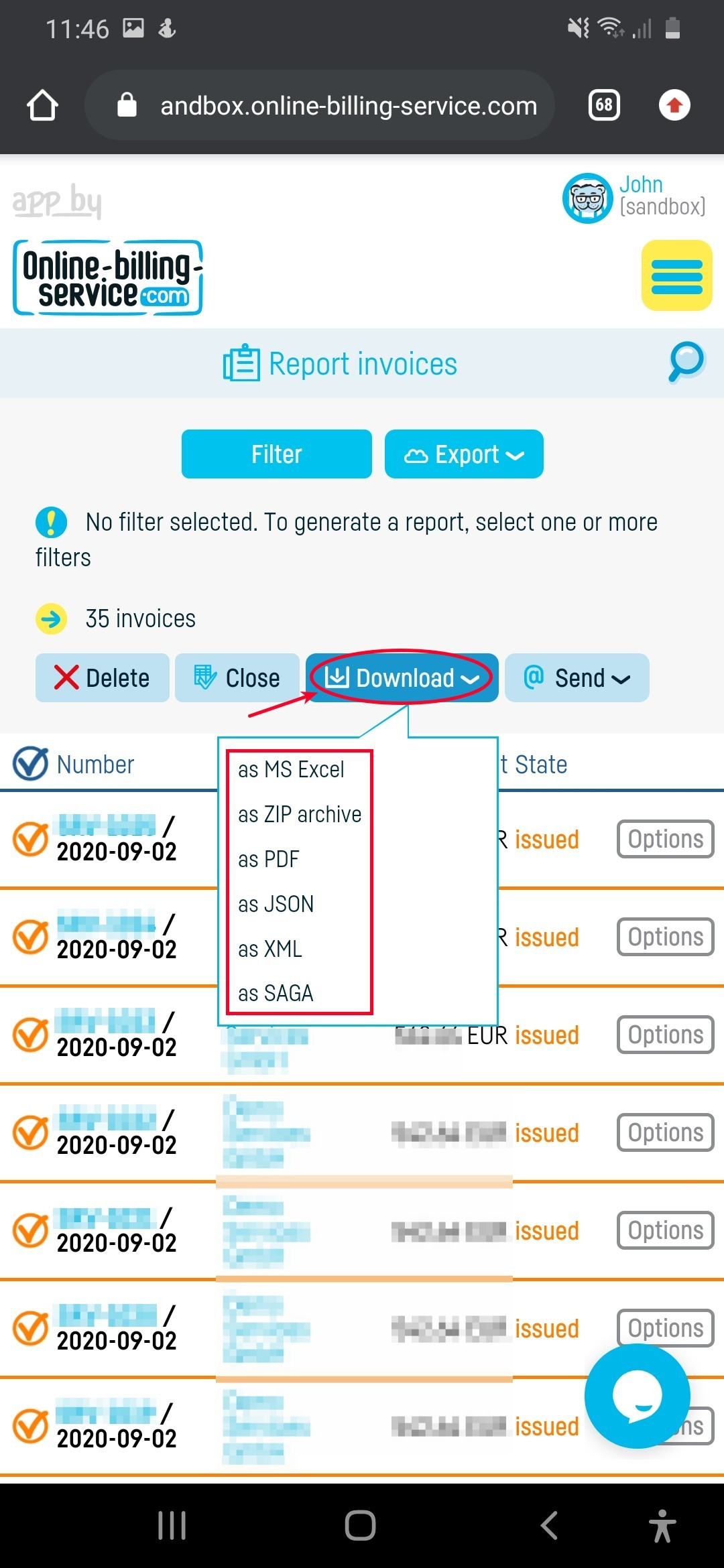 How do I download a group of invoices? - step 2