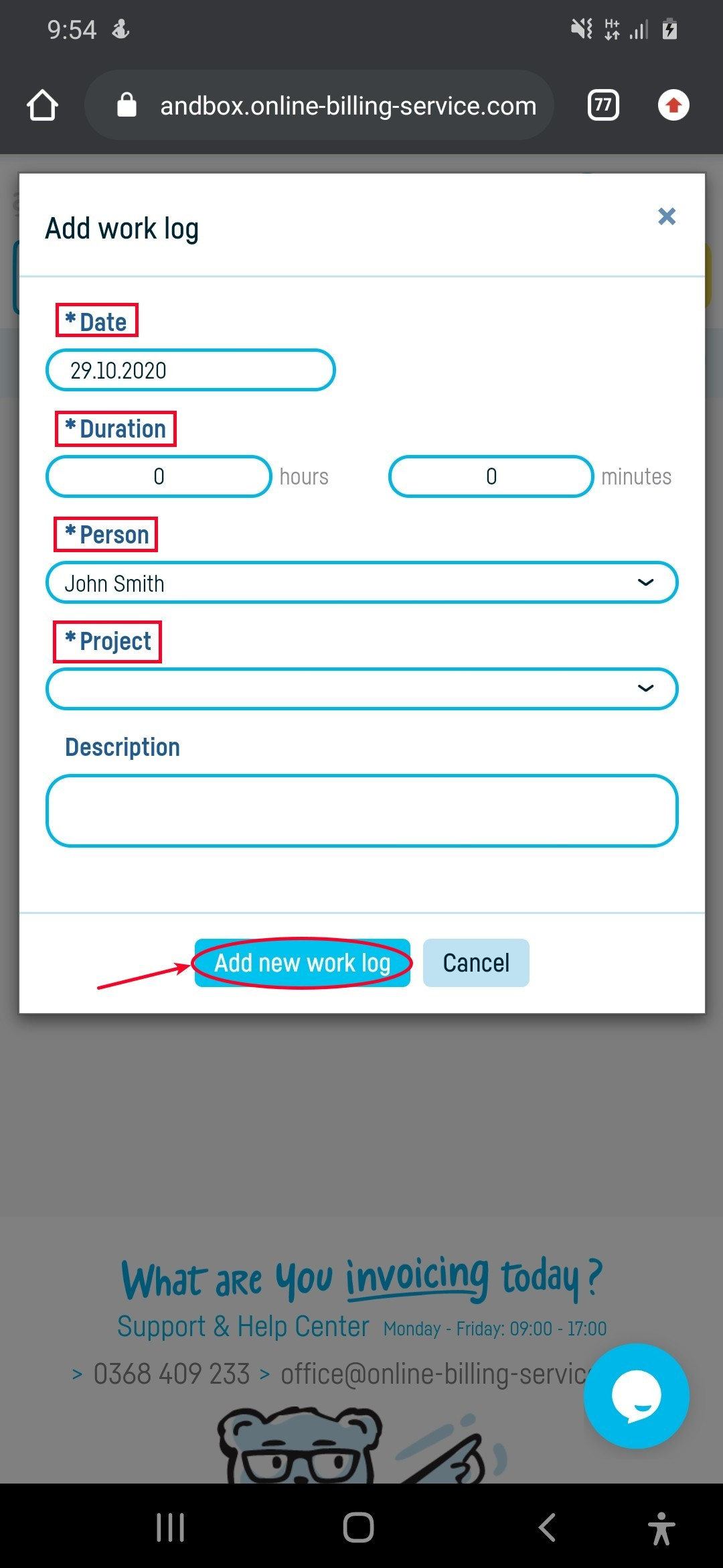 Work log adding instructions - step 4