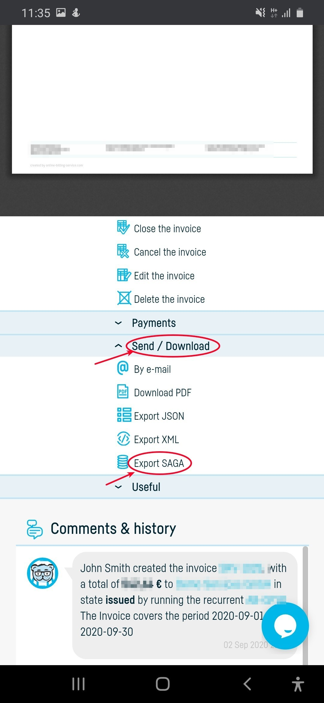 How do I export an invoice to SAGA? - step 2