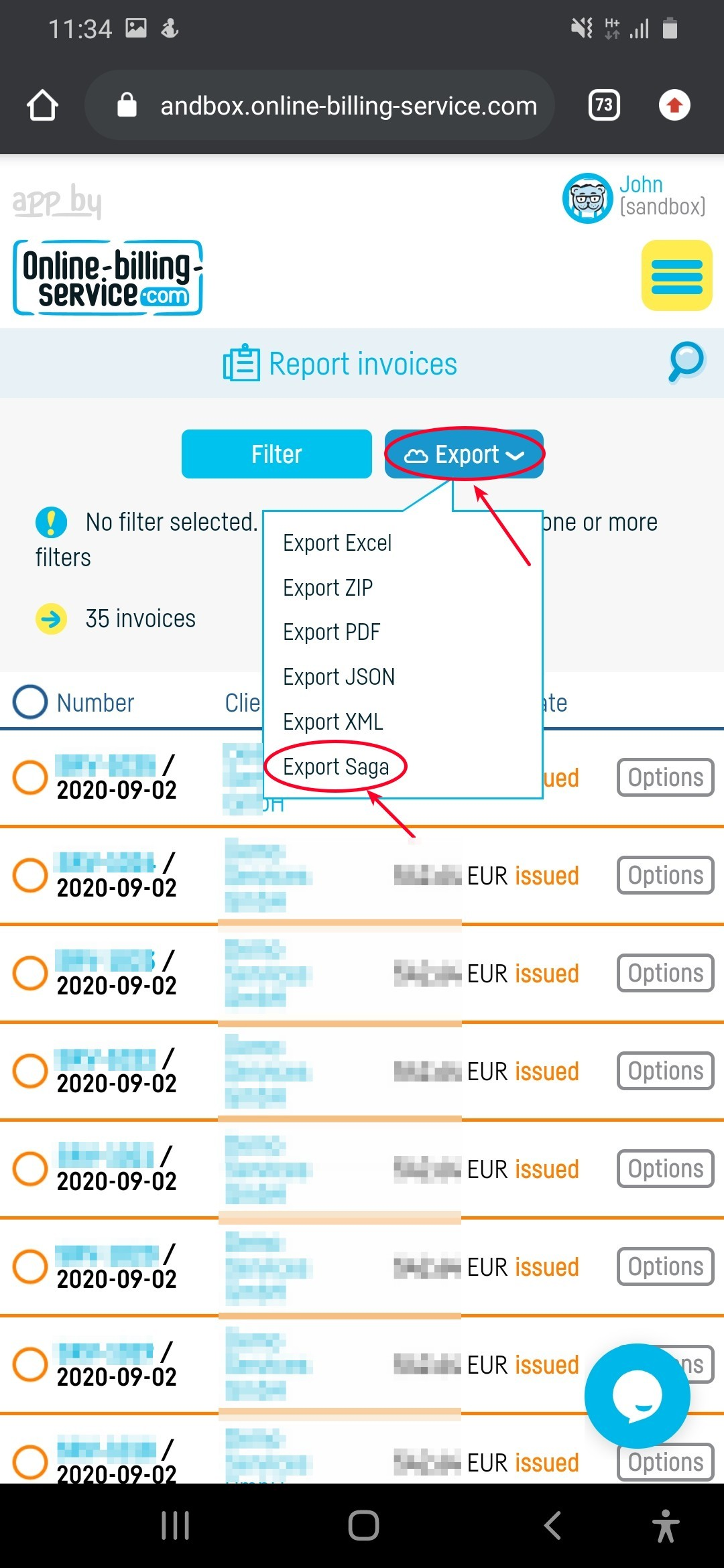 How do I export an invoice to SAGA? - step 3