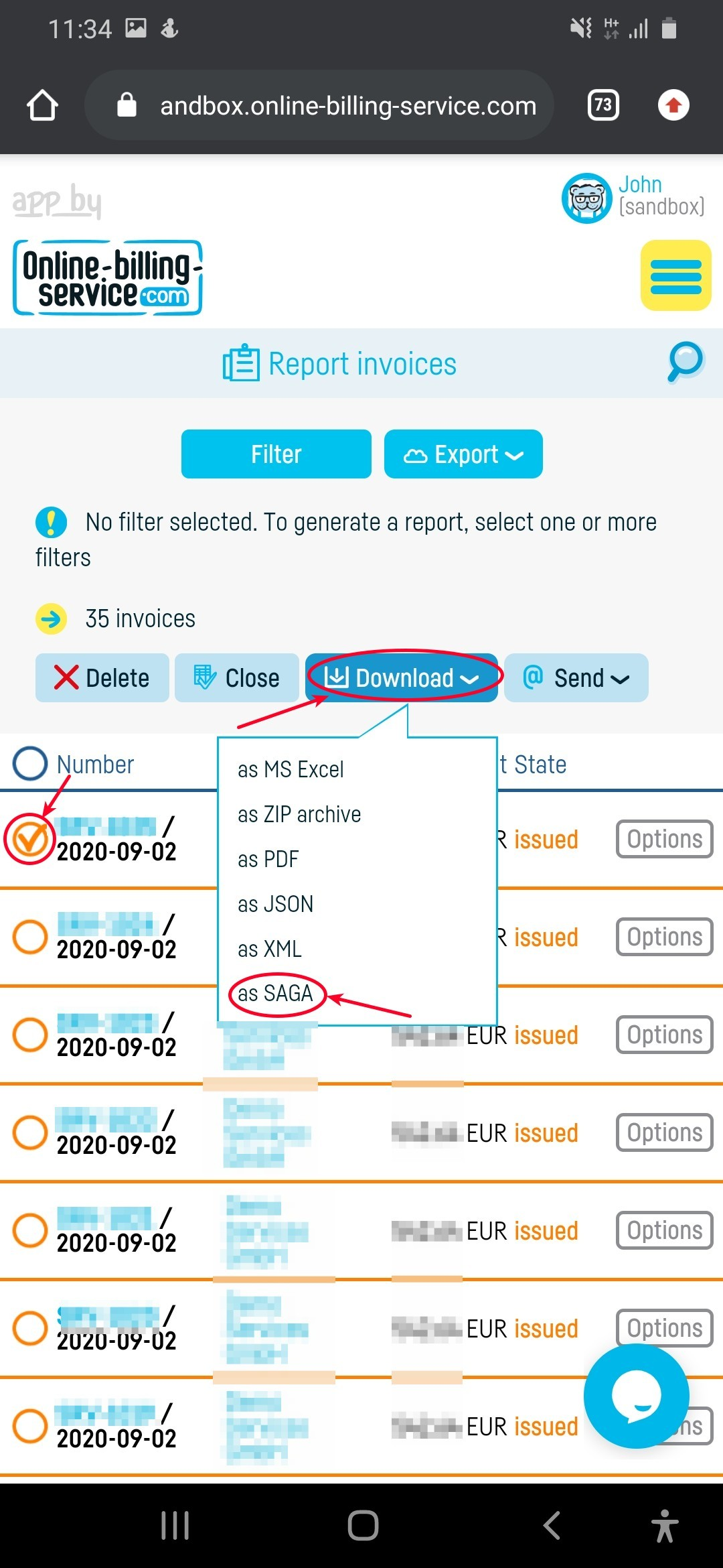 How do I export an invoice to SAGA? - step 4