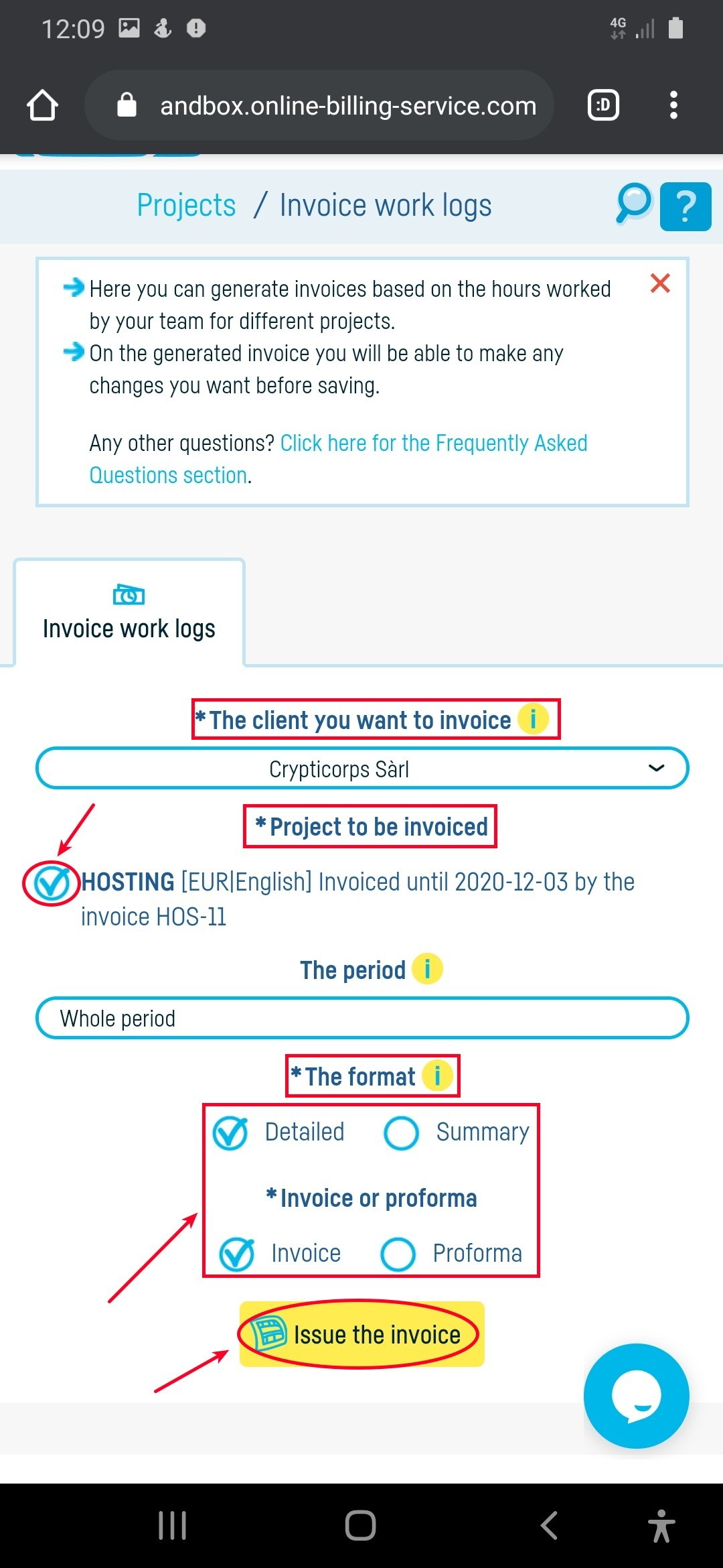 How do I invoice a work log? - step 2