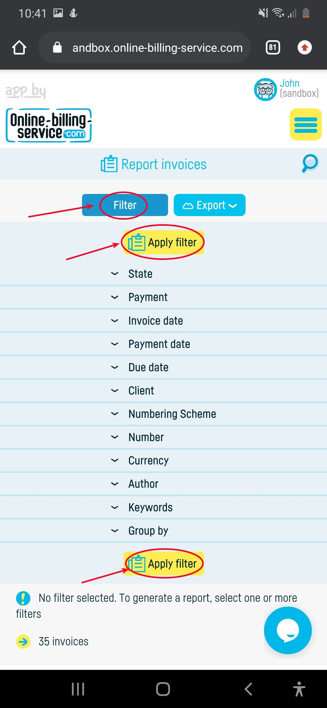 How do I export a group of invoices to SAGA? - step 2