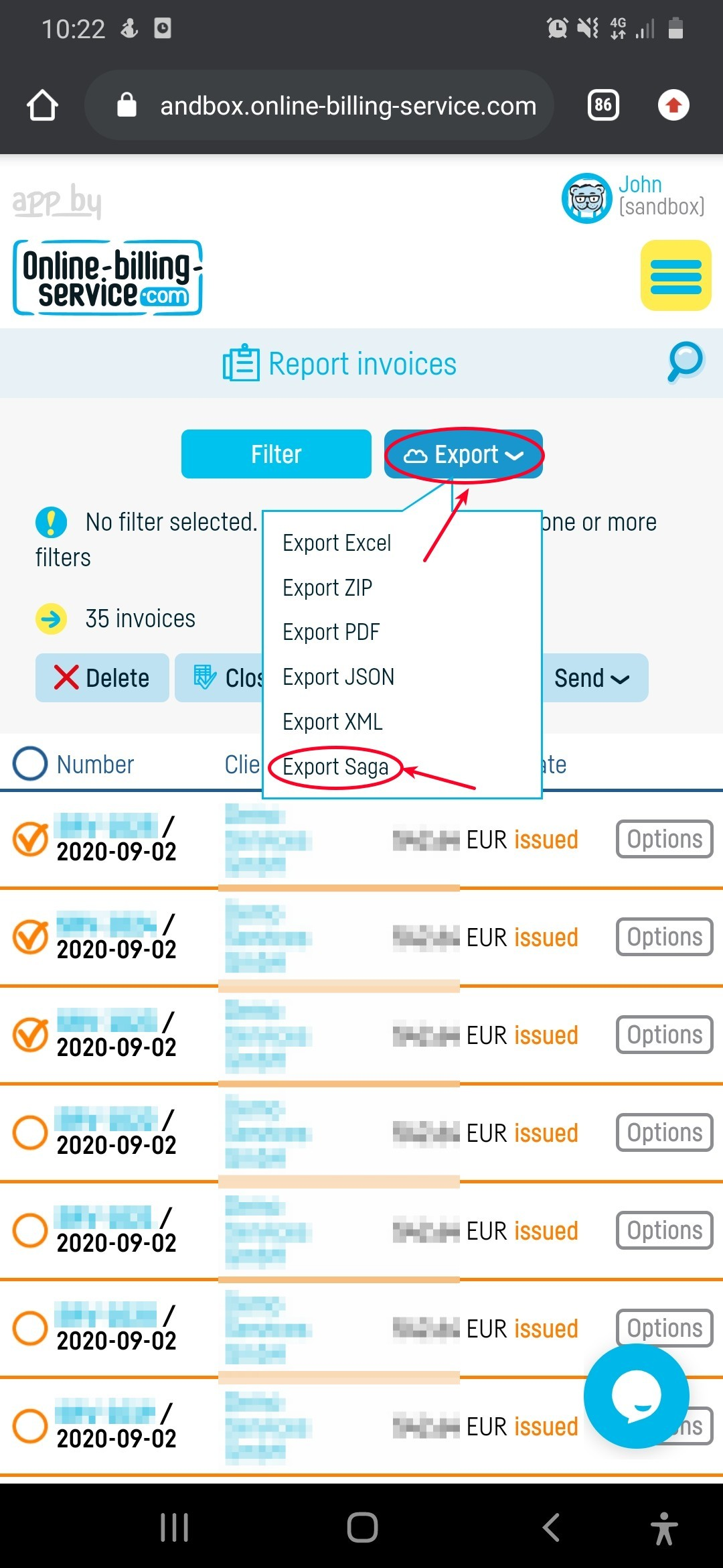 How do I export a group of invoices to SAGA? - step 3