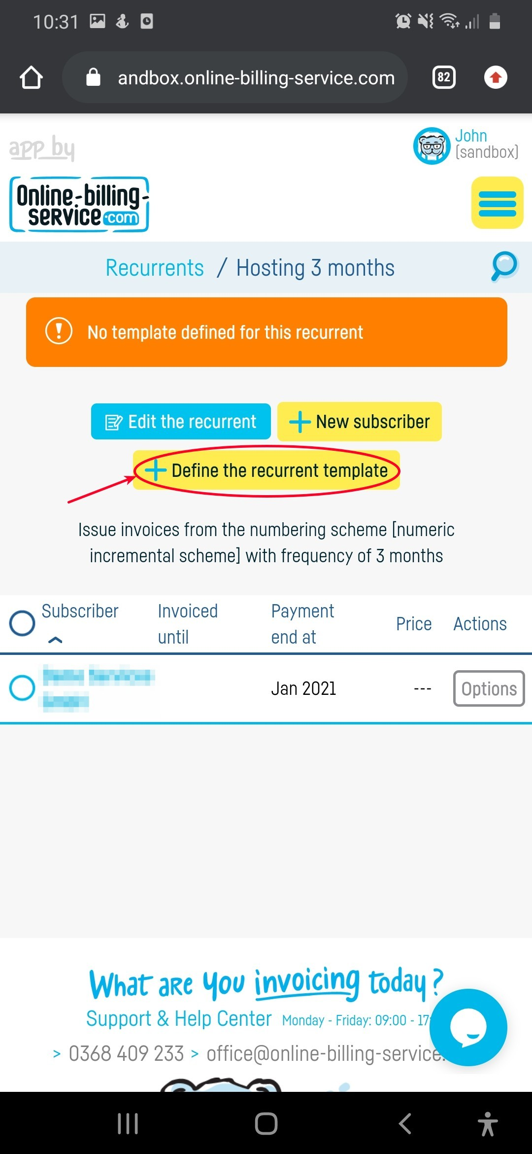 How do I define an invoice for a recurrent? - step 2