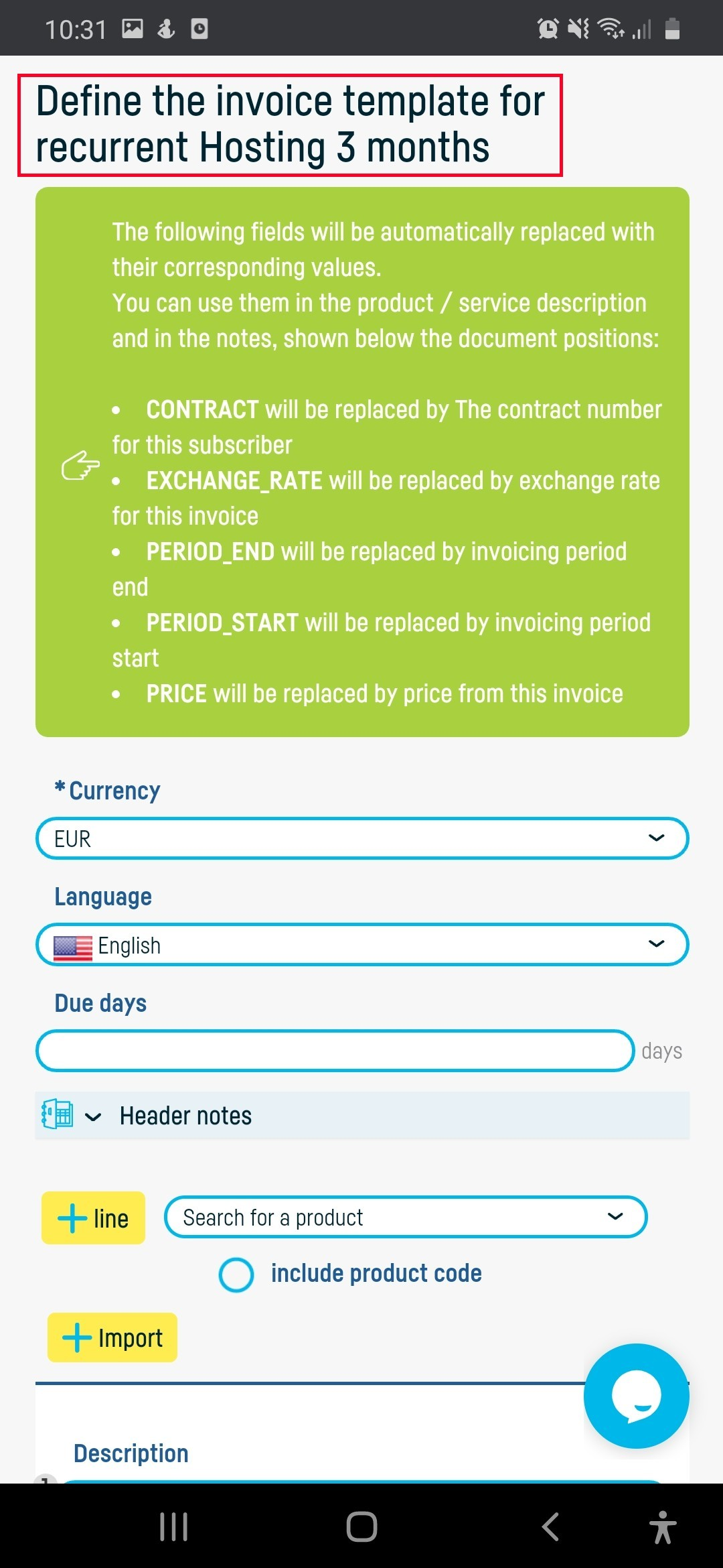 How do I define an invoice for a recurrent? - step 3