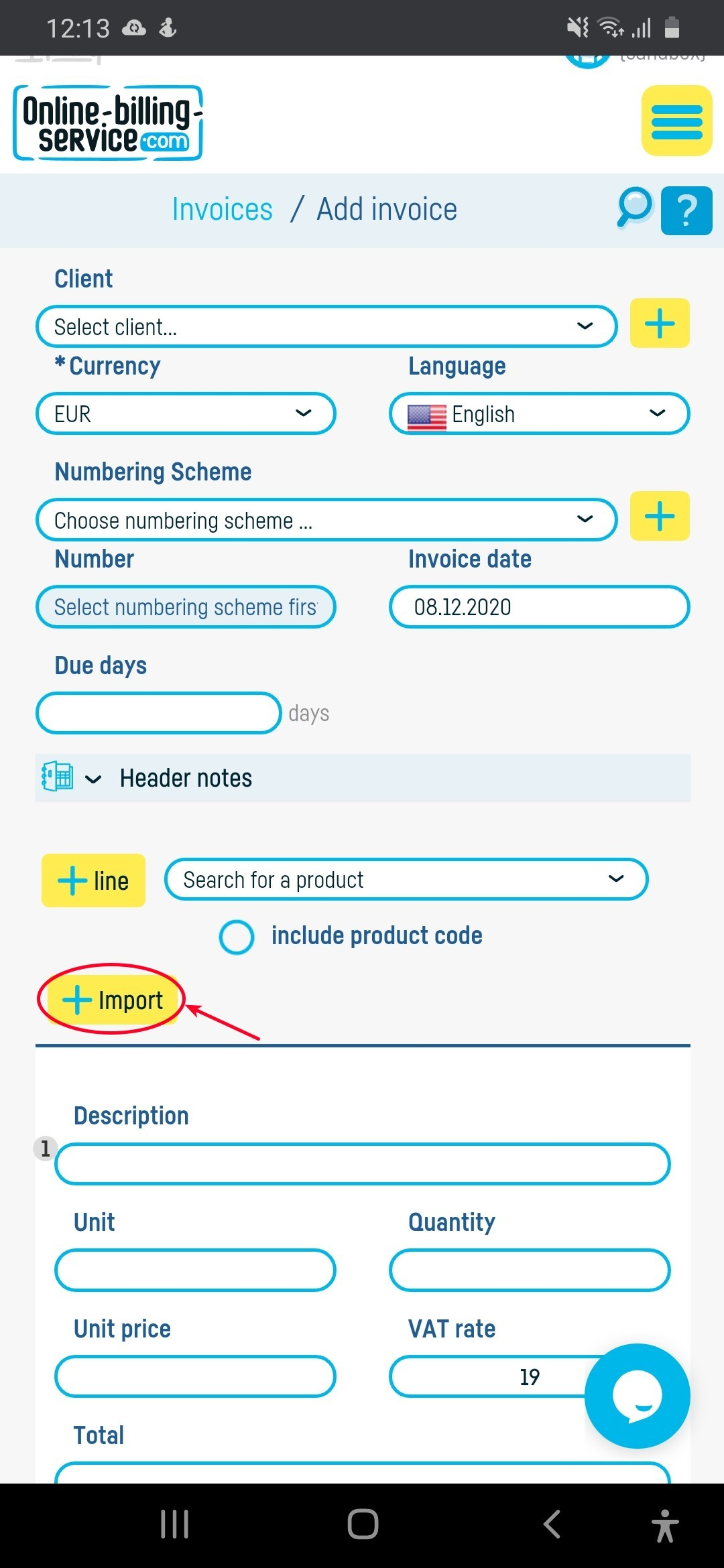 Import lines from documents into your invoice - step 1