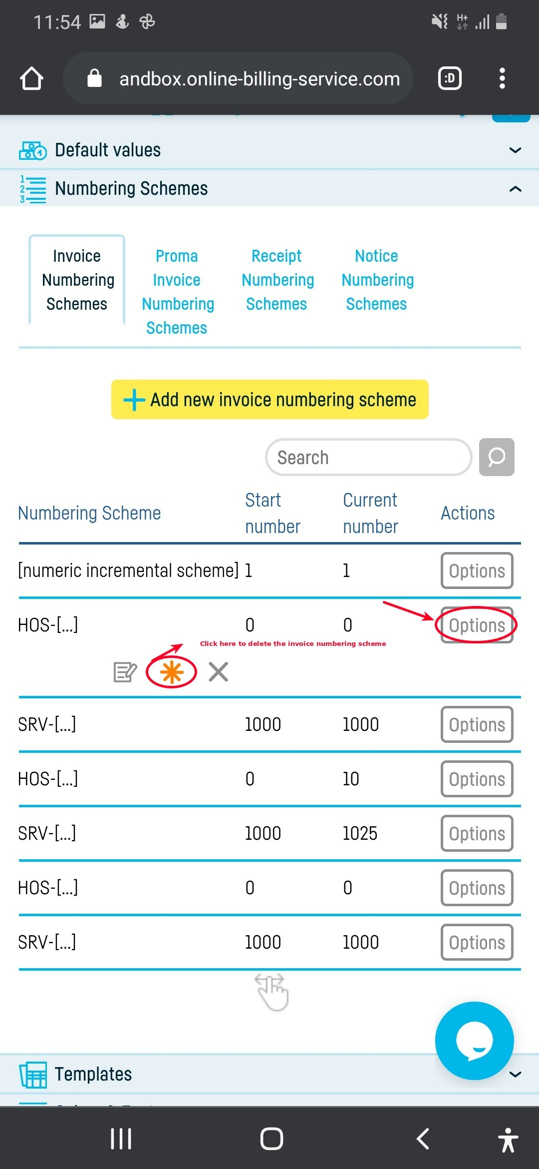 How do I delete an invoice numbering scheme? - step 3