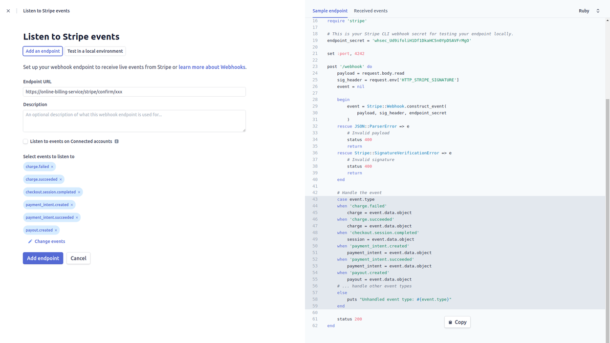 Integrating Stripe service - step 3