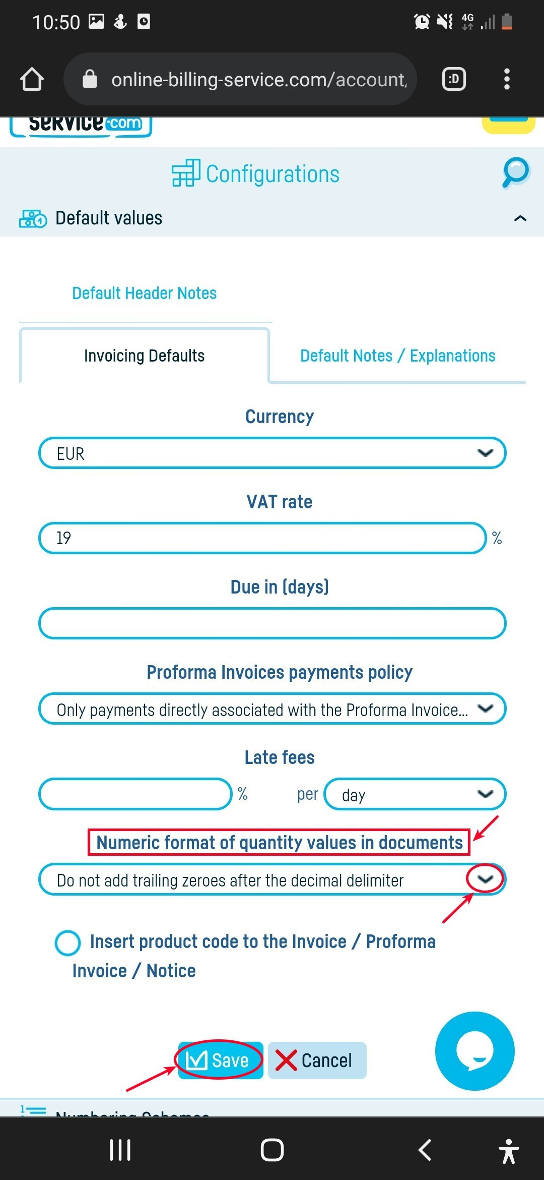 Numeric format of quantity values in documents - step 3