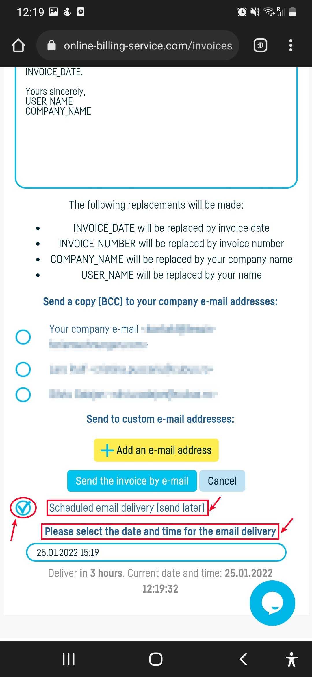 Schedule invoice delivery - step 2