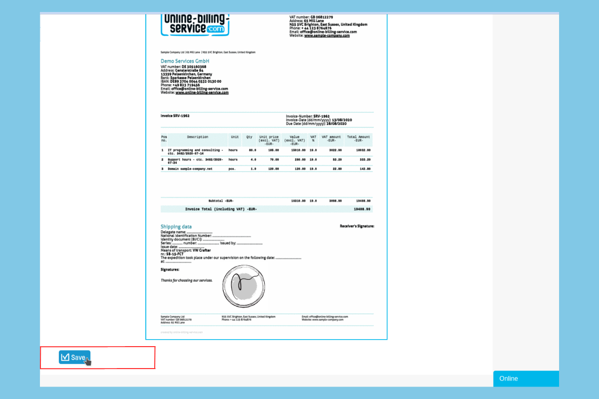 How to add a stamp and signature to an invoice - step 7