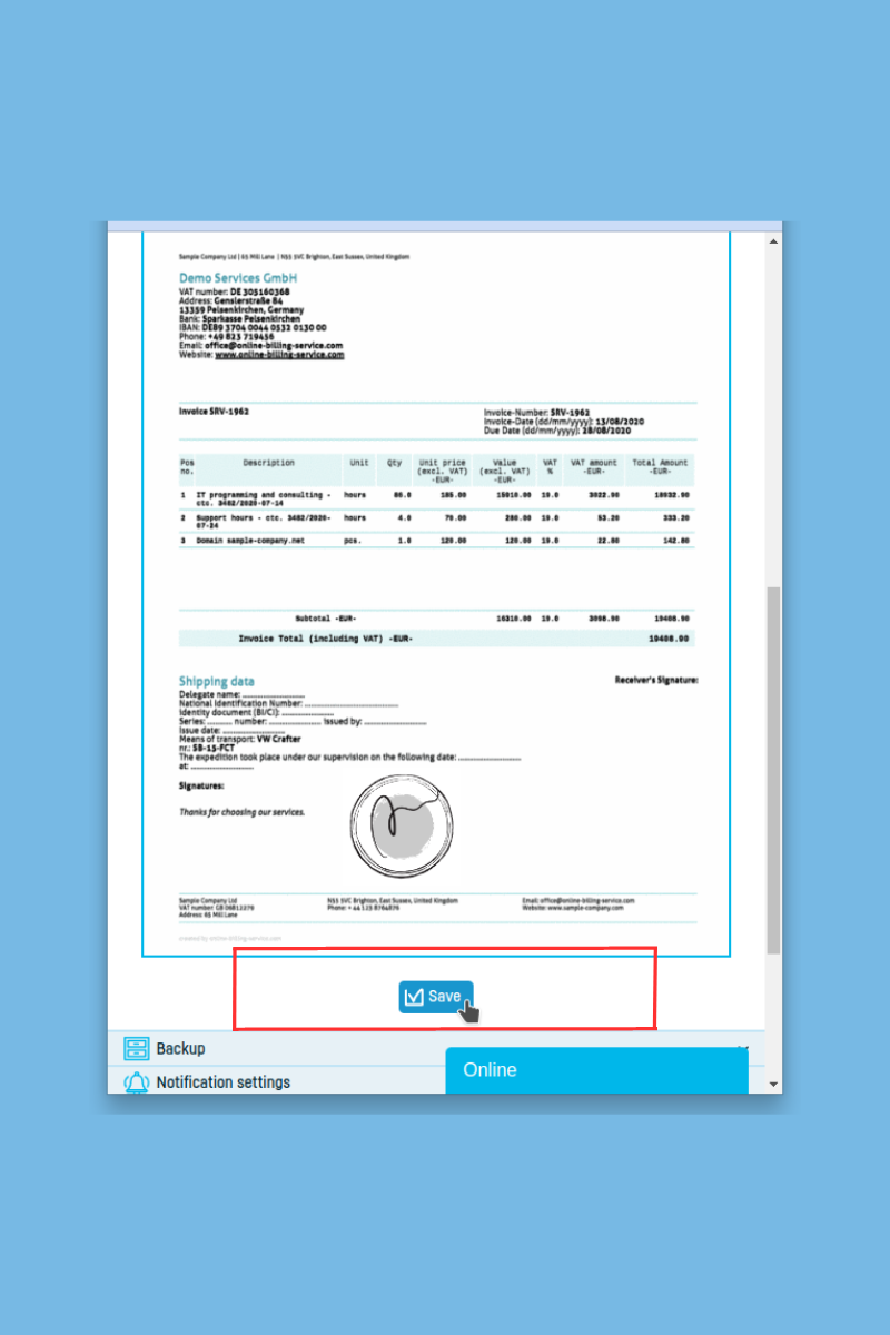 How to add a stamp and signature to an invoice - step 7