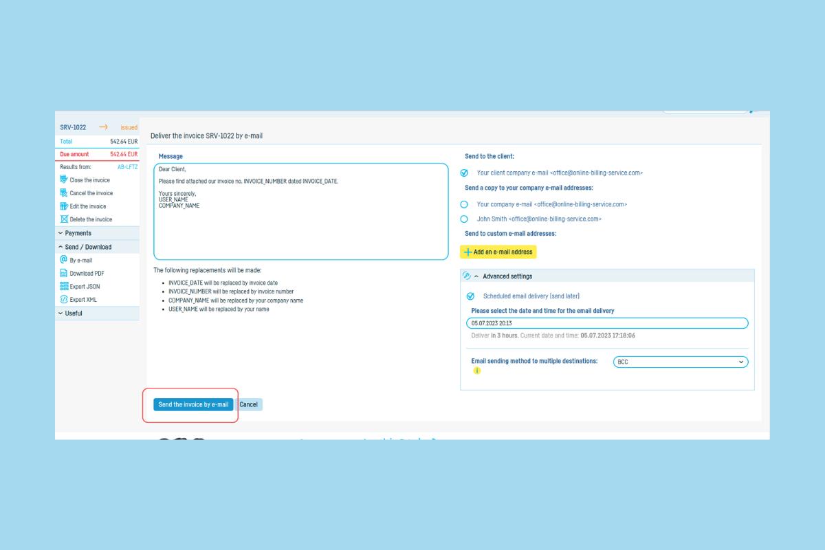 How do I schedule sending invoices by email? - step 7