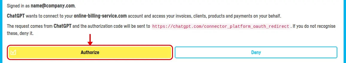 The authorisation page, with the Authorize button ringed
