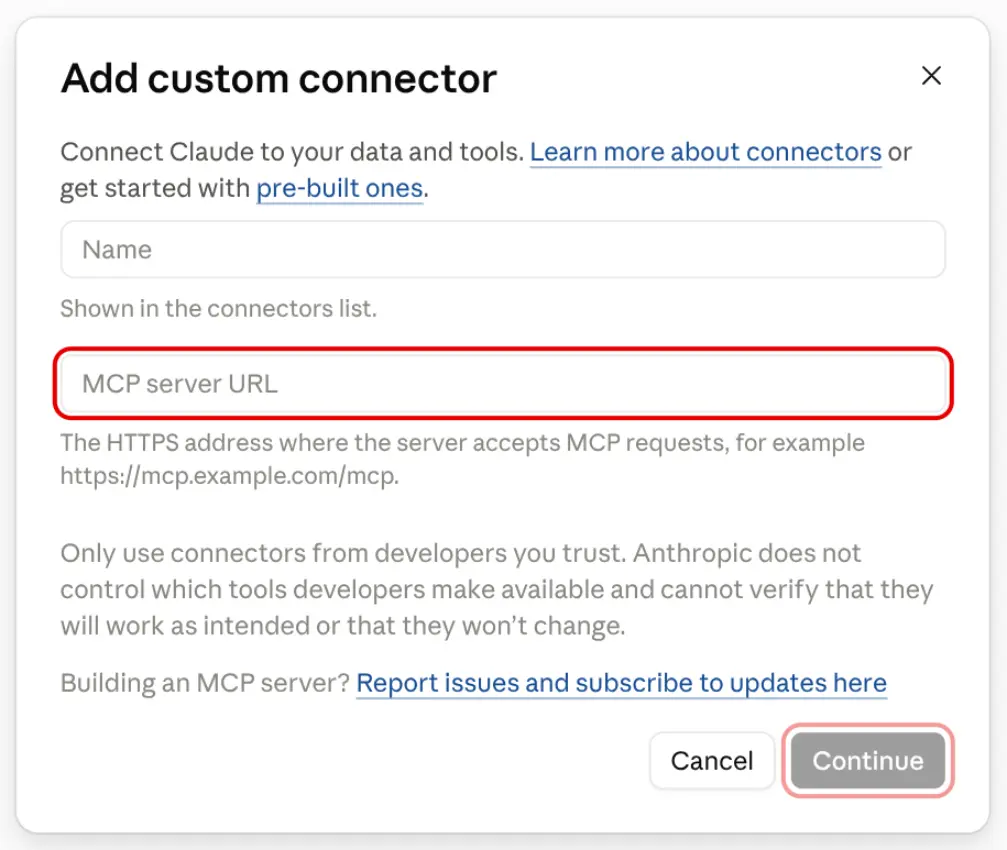 The first step of Add custom connector: the MCP server URL field and the Continue button