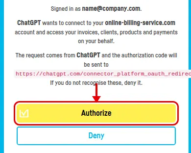 The authorisation page, with the Authorize button ringed