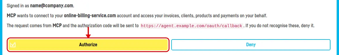 The authorisation page, with the Authorize button ringed