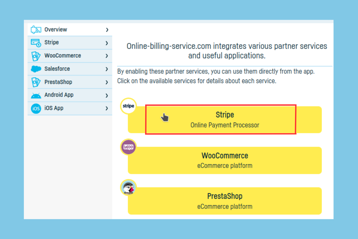 Stripe online billing integration