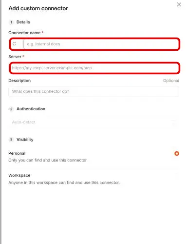 The Add custom connector panel in Le Chat, with the Connector name and Server fields ringed