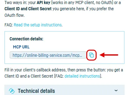 The Integrated services → Generic MCP page, with the MCP URL and its copy button