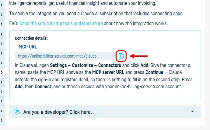 The Integrated services → Claude.ai page, with the MCP URL and its copy button