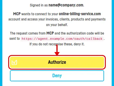 The authorisation page, with the Authorize button ringed