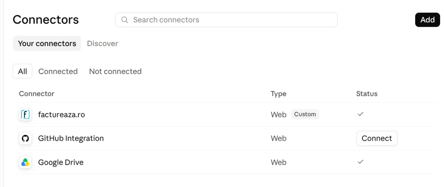 Settings → Customize → Connectors in Claude.ai, with the Add button ringed