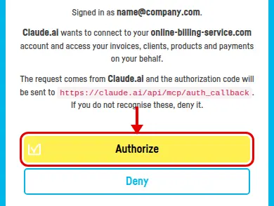 The authorisation page, with the Authorize button ringed