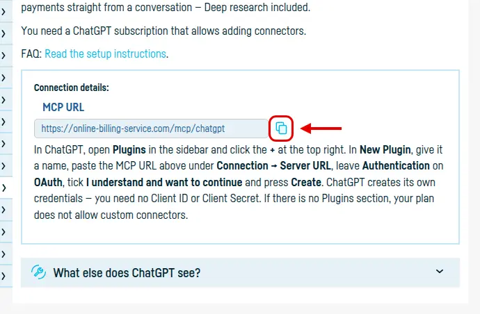 The Integrated services → ChatGPT page, with the MCP URL and its copy button