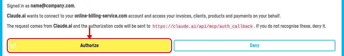 The authorisation page, with the Authorize button ringed