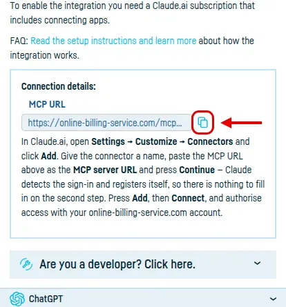 The Integrated services → Claude.ai page, with the MCP URL and its copy button