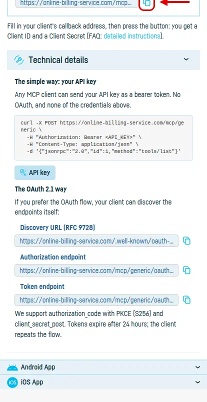 The technical details: the curl example with the API key, and the OAuth endpoints