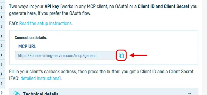 The Integrated services → Generic MCP page, with the MCP URL and its copy button